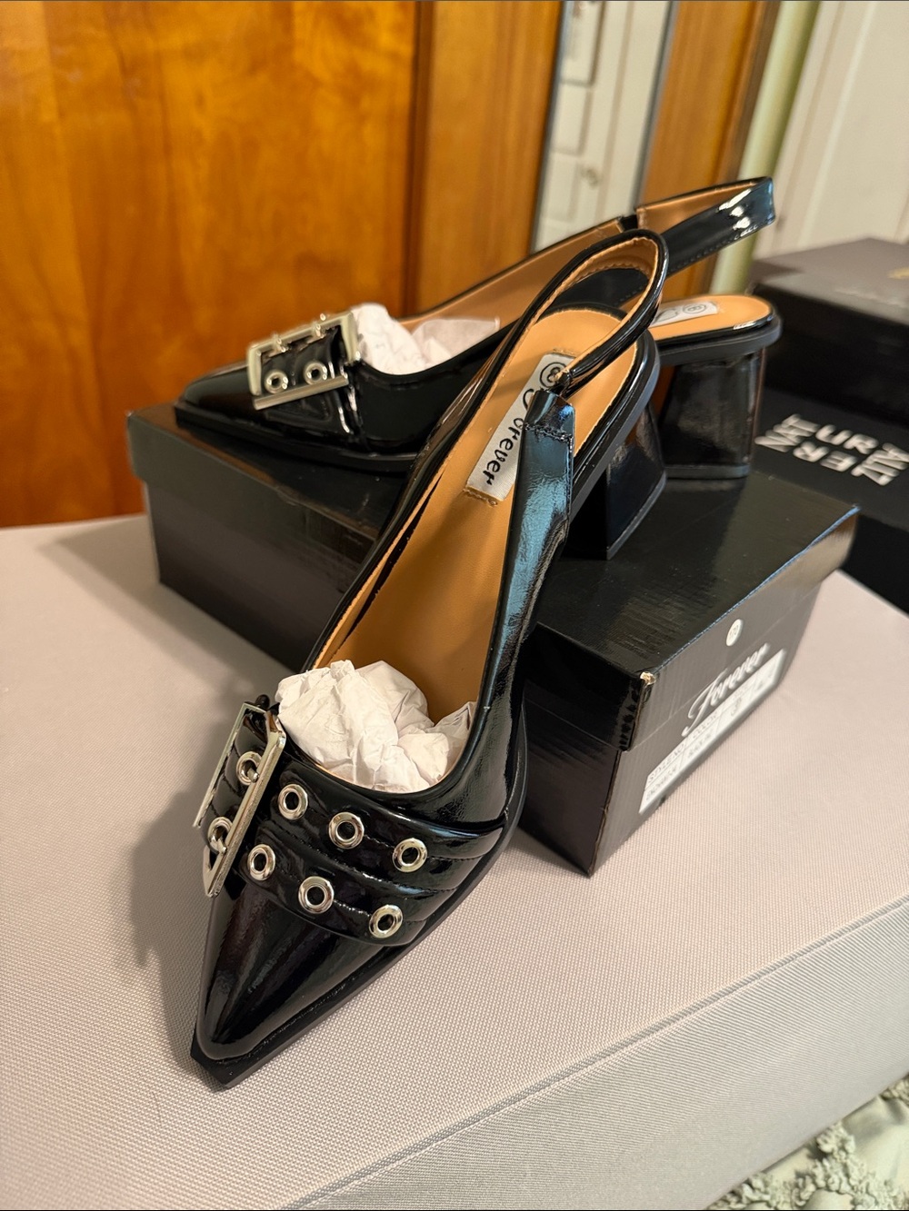 Patent Black Slingback Heels with Grommet Buckle Detail